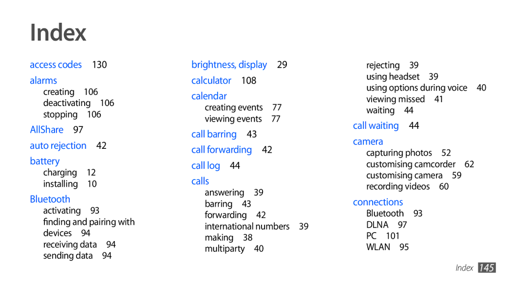 Samsung GT-I9001HKAXSG manual Index, Using options during voice 40 viewing missed 41 waiting , Bluetooth DLNA PC WLAN  